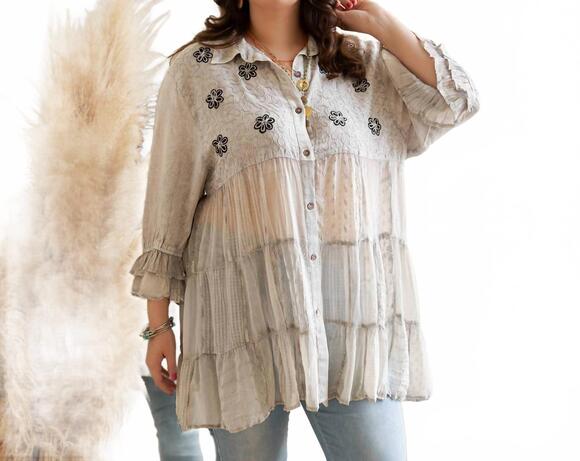 YOUNG THREADS Tops - NEW YOUNG THREADS mexican embroidery blouse gathered waist shirt in grey